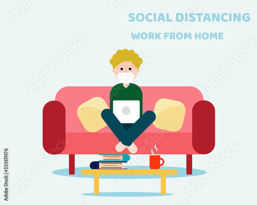 COVID-19 CRISIS: Work from home, Social Distancing concept. Young man is meeting with his companions by video conference at his home. Cartoon vector style for your design.