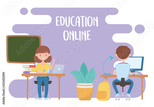 education online, teacher and student virtual class with laptop