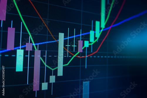 Blue Stock Exchange Market trading graph on screen monitor for economic and financial investment. Business analysis chart display. Stock invest infomation.