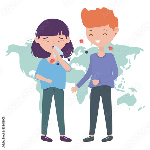 health online, sick girl with cough infect a boy covid 19 coronavirus