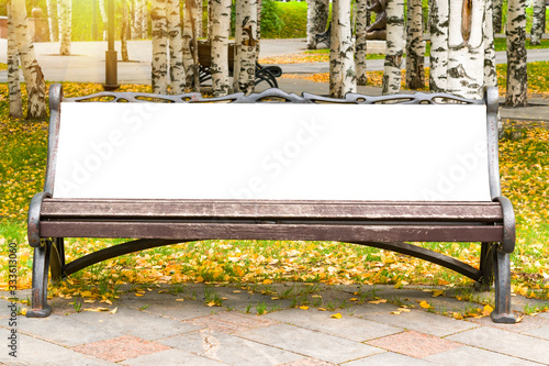 Street poster on the bench, blank with white space for text, urban mock up