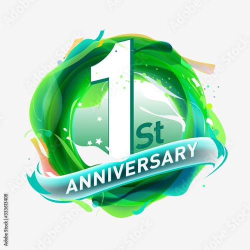 1 year Anniversary logo with colorful abstract background, vector design template elements for invitation card and poster your birthday celebration.