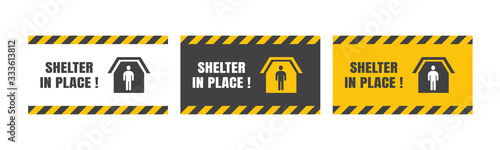 Set of Vector Shelter in Place or Stay at Home or Self Quarantine Various Background Sign with Caution Tape. To Control Coronavirus or Covid 19 Spreading Infection by Government Policy. 16:9 Ratio.