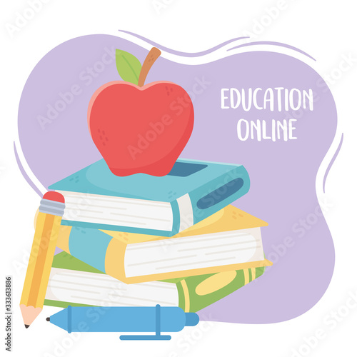 online education, apple on stacked book with pencil