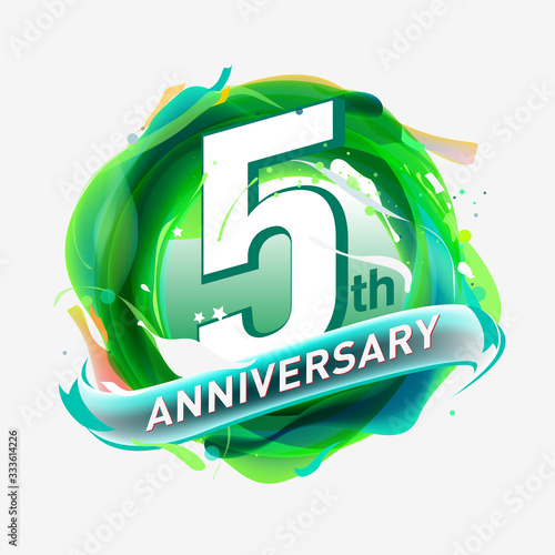 5 years Anniversary logo with colorful abstract background, vector design template elements for invitation card and poster your birthday celebration.