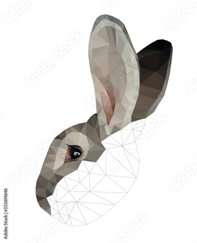 Light grey bunny face low poly triangular vector illustration isolated on white. Polygonal style trendy modern logo business fairy design template for easter invitations and greetings.