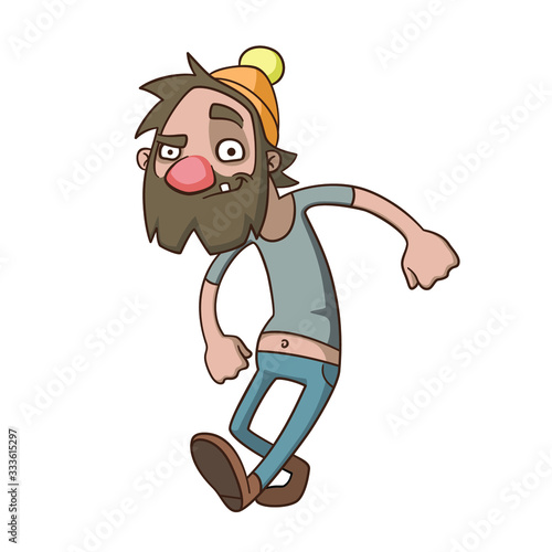 A cheerful happy homeless man walks and looks at camera, isolated vector illustration. Funny perky cartoon beggar with a red nose, in an orange cap with a pompom.