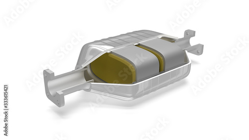 Catalytic converter showing internal parts on a white background with shadow