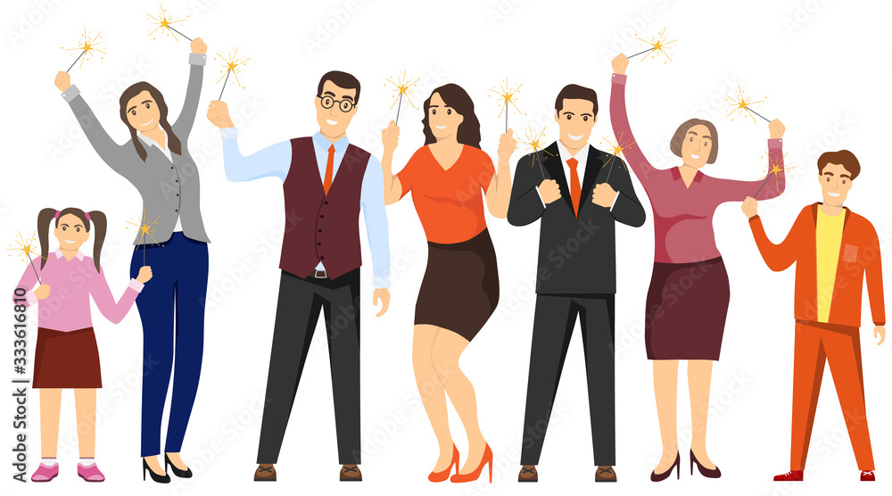 Obraz premium People rejoice. Group of people mini characters having fun. Happy Birthday Banner. Congratulatory poster. Vector illustration.