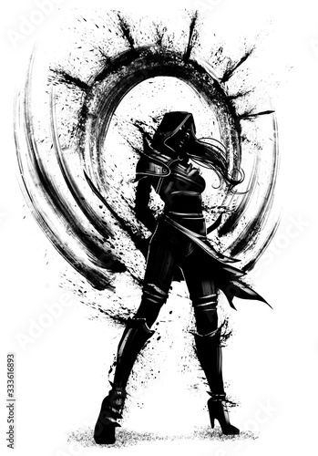 the silhouette of an assassin girl with many blades of blots behind her back  she stands proudly looking forward  dressed in a hood  her hair fluttering in the wind. 2d illustration.
