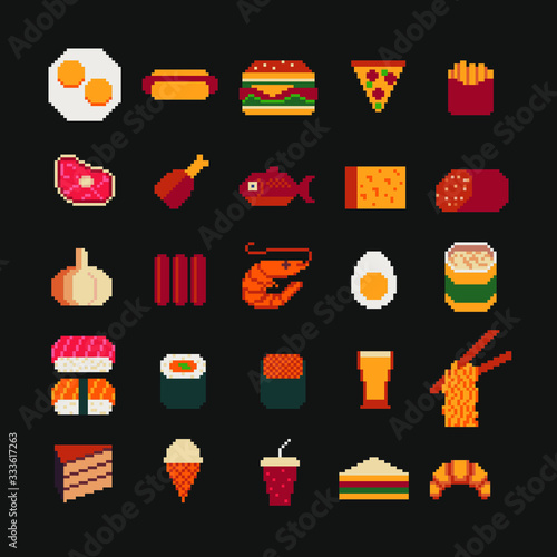Food pixel art icons. Fast Food, pizza, meat, seafood, fish, hamburger, rolls and sushi, ice cream,cheese, noodles, scrambled eggs, sausage. Design for logo, sticker, web, mobile app. 8-bit sprite.