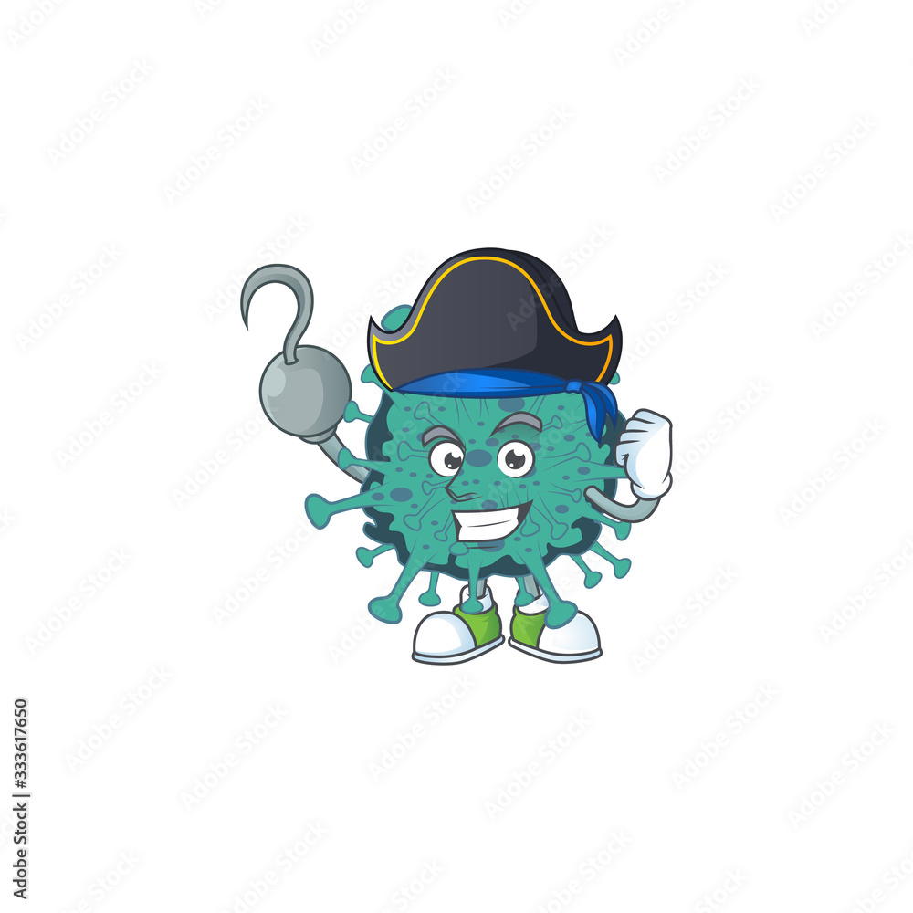 One hand Pirate cartoon design style of critical coronavirus wearing a hat