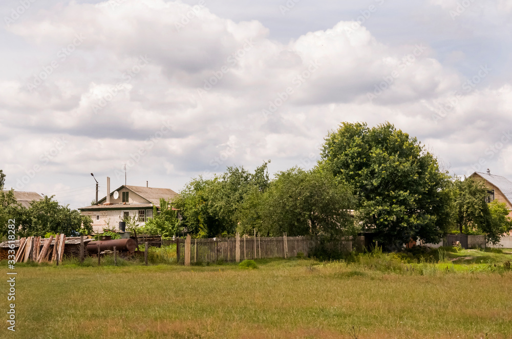 Obraz premium Green meadow with trees and houses far away. Small town
