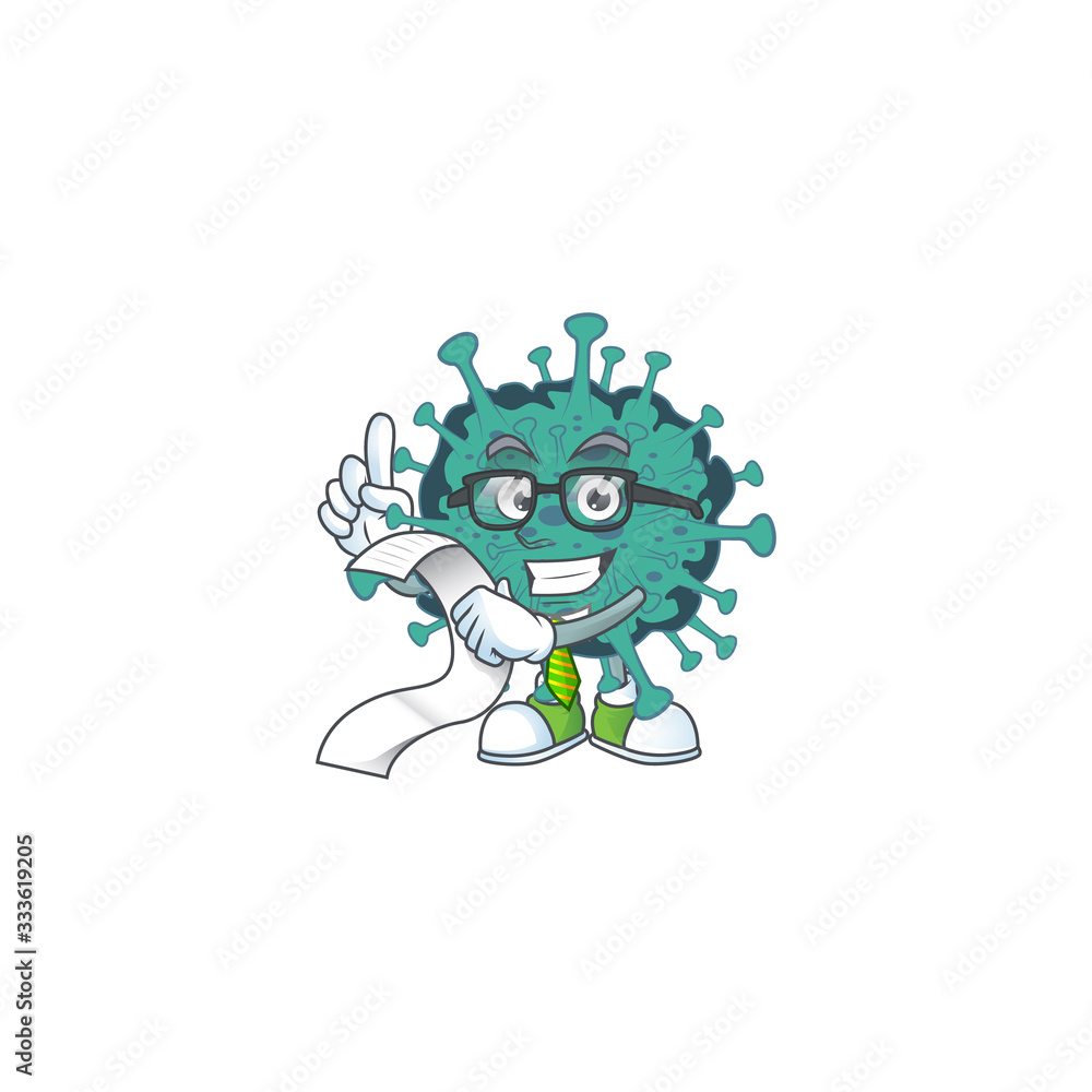 Obraz premium cartoon character of critical coronavirus holding menu on his hand