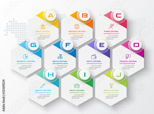 Abstract business infographics template with 10 hexagon in white color background
