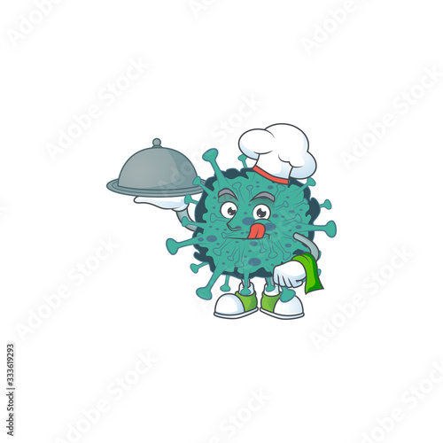 chef cartoon character of critical coronavirus with food on tray
