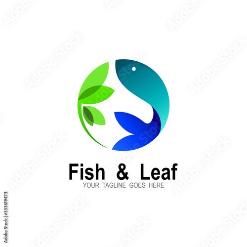 fish logo with leaves, food logo with fish menu, restaurant icon