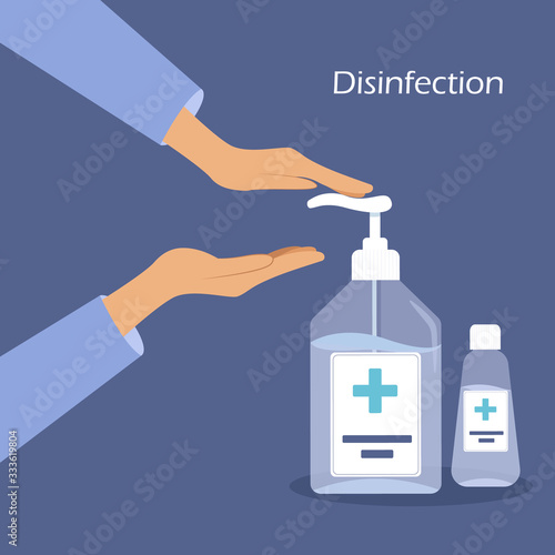 Disinfection concept. Liquid soap with pumping from bottle. Applying a moisturizing sanitizer. Man washing hands