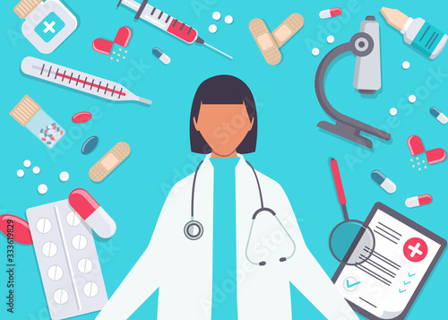 Pharmacy vector infographic elements. Woman pharmacist shows medications. Pharmacy icons set