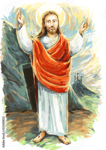 calm jesus messiah raising palm of hand in the background - illustration