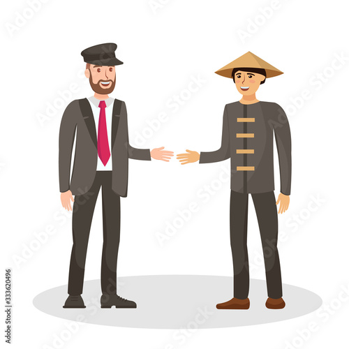 Foreign Friends Flat Color Vector Illustration. Chauffeur in Formal Suit and Man in Conical Hat Cartoon Characters. Cab Driver and Chinese, Vietnamese Guy Conversation. Travel to East, China