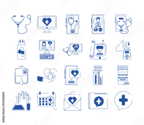 online doctor health medicine care blue line style icons set photo