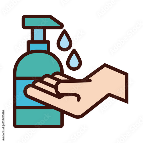 hand with antibacterial soap bottle line and fill icon