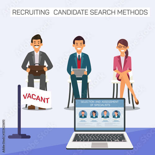 Candidates for Vacant Job. Recruiting Candidate. Selection and Assessment Specialists. Recruiting Candidate Search Methods. Candidate for Vacant Position. Vector Illustration. Resume on Laptop Screen