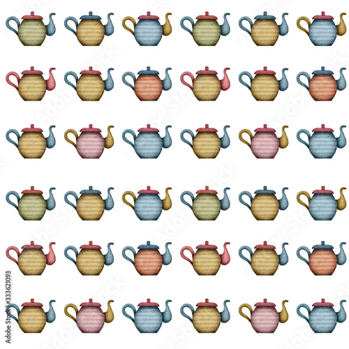 A seamless watercolor pattern with teapots