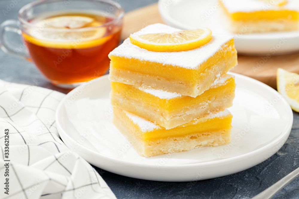 Lemon bar dessert with powdered sugar and lemon slices Lemon bar dessert with powdered sugar and lemon slices