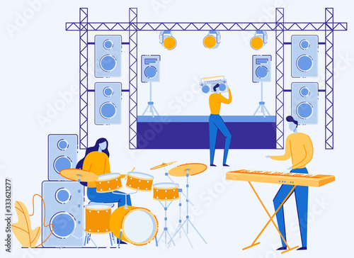 Rock Jazz Band Preparing for Concert Performance Training Music on Instruments, Sound Engineer Put Equipment on Openair Stage. Girl Playing Drums Man with Synthesizer Cartoon Flat Vector Illustration