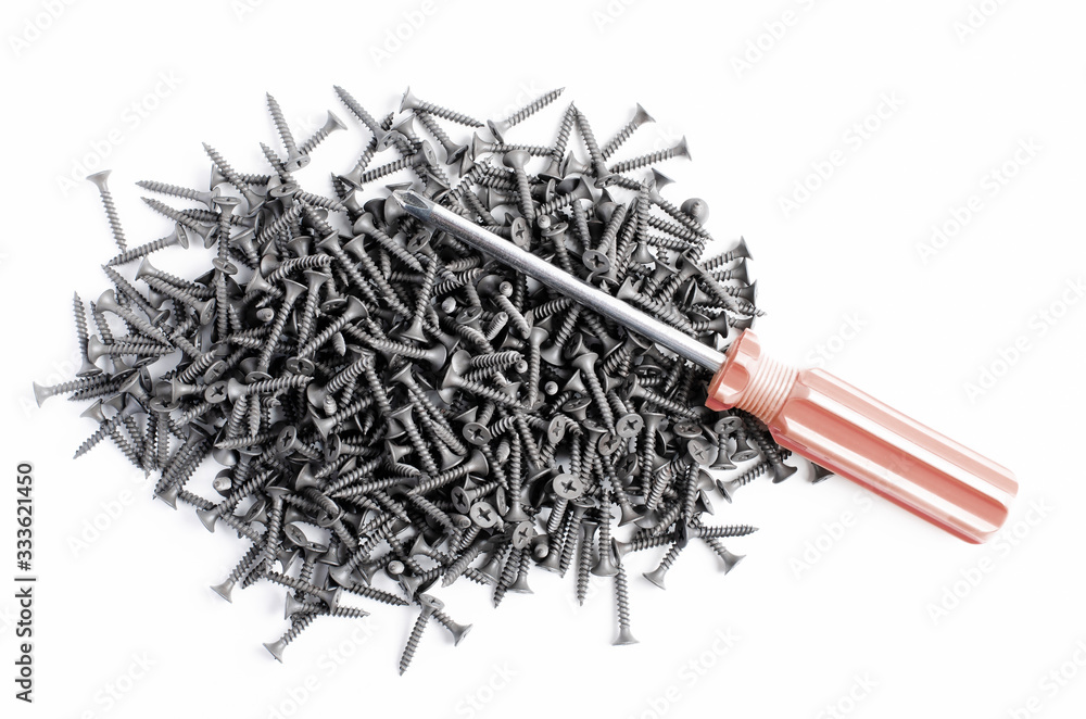 Metal screws and a screwdriver on a white background. Tools for fixing and repairing.