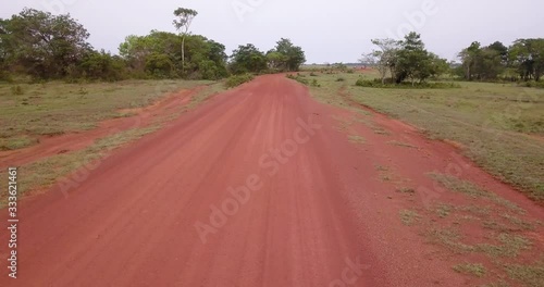 Drone, Air flight over dirt road in Vichada / Colombia. photo