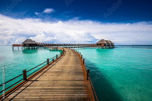 Perfect landscape of Maldives beach. Tropical panorama, luxury water villa resort with wooden pier or jetty. Luxury travel destination background for summer holiday and vacation concept. © icemanphotos