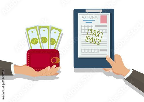 Businessman Paying Taxes Flat Vector Illustration. Financier Giving Bills Payment Form. Hand Holding Wallet with Green Dollar Banknotes. Financial Advising Company. Government Taxation, Economics
