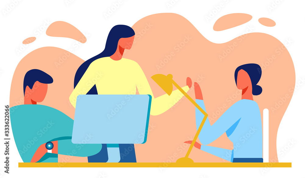 Fototapeta premium Business Team Work in Office Cartoon. Man Looks at Watch Waiting for Working Day End. Two Women Give Five to Each Other Rejoicing in Successful Work. Coworkers Sit at Table. Vector Flat Illustration