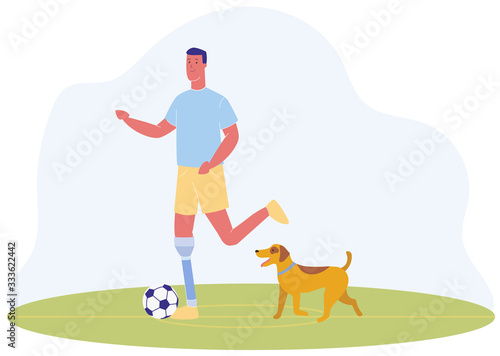 Cartoon Man with Prosthetic Leg Play Football Vector illustration. Male Person with Prosthesis. Service Dog Trained Animal Run. Medical Rehabilitation Treatment. Handicapped Sport Training