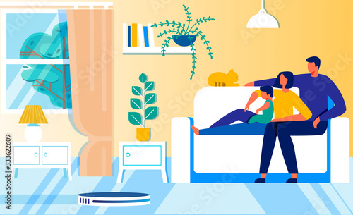 Cartoon Happy Family Rest while Robot Vacuum Cleaner Hoovering. FLat Father, Mother, Son and Cat Sitting on Sofa. Parents, Child and Pet Having Rest. Household Robotic Helper. Vector Illustration