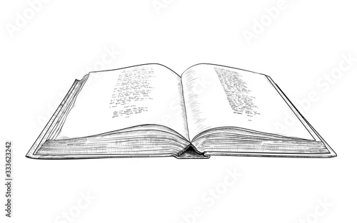 .An open book .  Hand-drawn vector drawing in vintage style. Sketch. Imitation of engraving.
