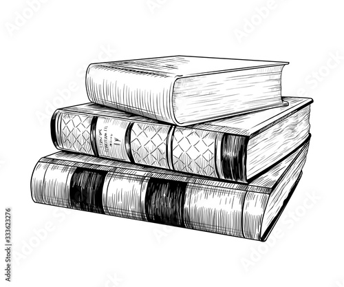 .Stack of books in a horizontal position..Hand-drawn vector drawing in vintage style. Sketch. Imitation of engraving.