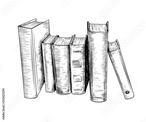 A stack of books in a vertical position. Hand-drawn vector drawing in vintage style. Sketch. Imitation of engraving.