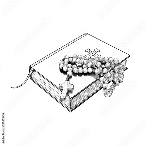 .Rosary and the prayer book. Hand-drawn vintage drawing . Catholic tradition. Vector sketch. Isolated object on white background.