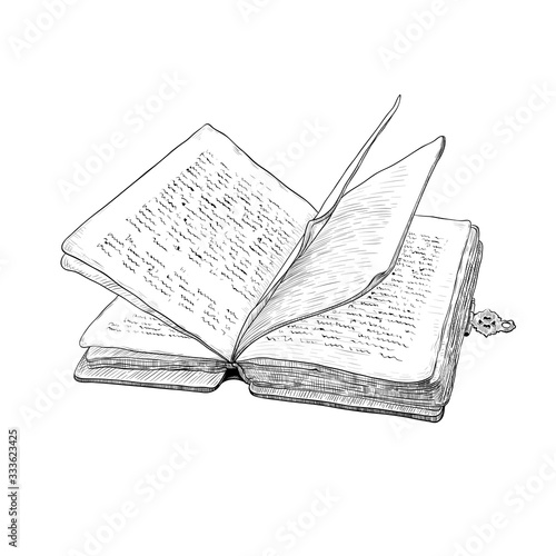 . Old open book with clasp. Hand-drawn vintage drawing . Vector sketch. Isolated object on white background. Imitation of engraving. photo