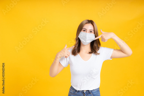 Asian women pointing finger and wear correct masks to protect against germs from coronavirus, covid-19, pm2.5 dust and prevent infections on a yellow background, healthy concept.