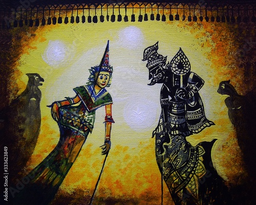 Art painting  oil  color Thai pattern , Southern region Thai land , Light and Shadow Puppets , Nang Talung photo