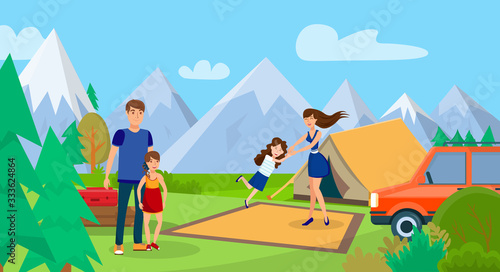 Family on Picnic, Camping Trip Vector Illustration. Woman, Man and Girls Cartoon Characters. Couple with Children on Holiday Vacation. Wild Nature, Outdoor Recreation. Encampment with Tent