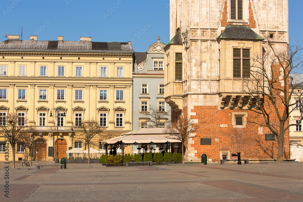 Main Market Square, a deserted city due to the coronavirus epidemic, no tourists, closed restaurants and shops, Krakow; Poland