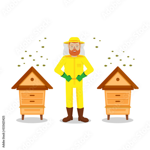 Protective Suit. Beekeeper Between Two Hive on White Background. Bees Flying near Hive. Stand near Hive. Apiary on White Background. Vector Illustration. Hobby Beekeeping. Man in Bee Protection Mask.