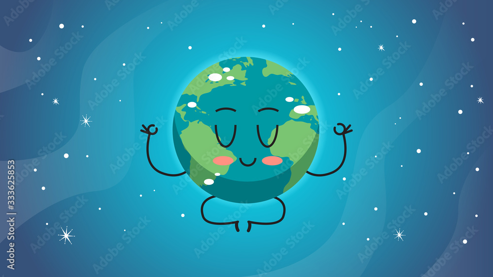 Fototapeta premium cute earth character sitting lotus pose cartoon mascot globe personage save planet meditation concept horizontal vector illustration