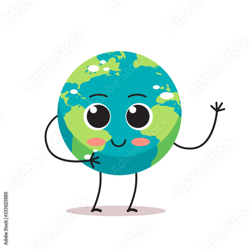 cute earth character waving hand cartoon mascot globe personage save planet concept isolated vector illustration